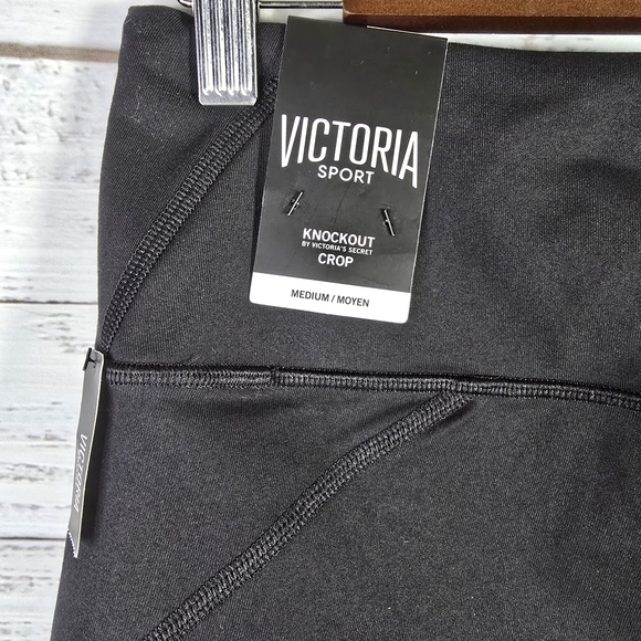 NWT Victoria Sport Black Crop Leggings Mesh & Glitter Stripe Athletic Capri - Picture 4 of 7